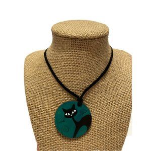 Artisan Made  wooden coin Black cat Silhouette￼ leather cord necklace Whiskers
